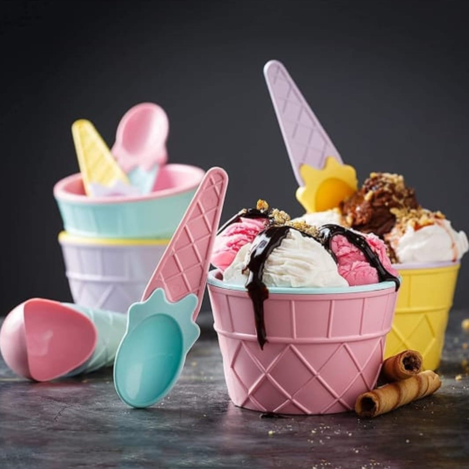 Ice-Cream Waffle Spoon Bowel Cup Set | Premium ice Cream Set | Ice-Cream Bowel with Spoon | 6 units Couple Bowl Set | Color Box - Discount Karo