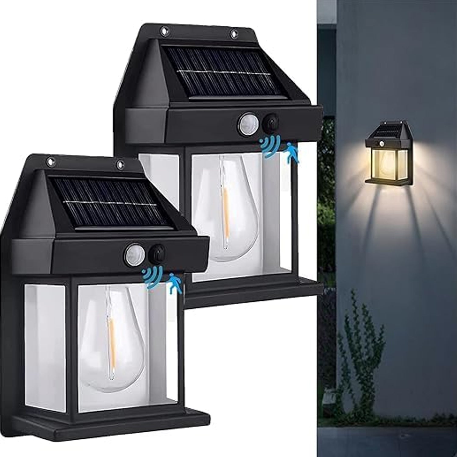 Solar Wall Lights / Lamp Outdoor, Wireless Dusk to Dawn Porch Lights Fixture, Solar Wall Lantern with 3 Modes & Motion Sensor, Waterproof Exterior Lighting with Clear Panel (1 Pc ) - Discount Karo