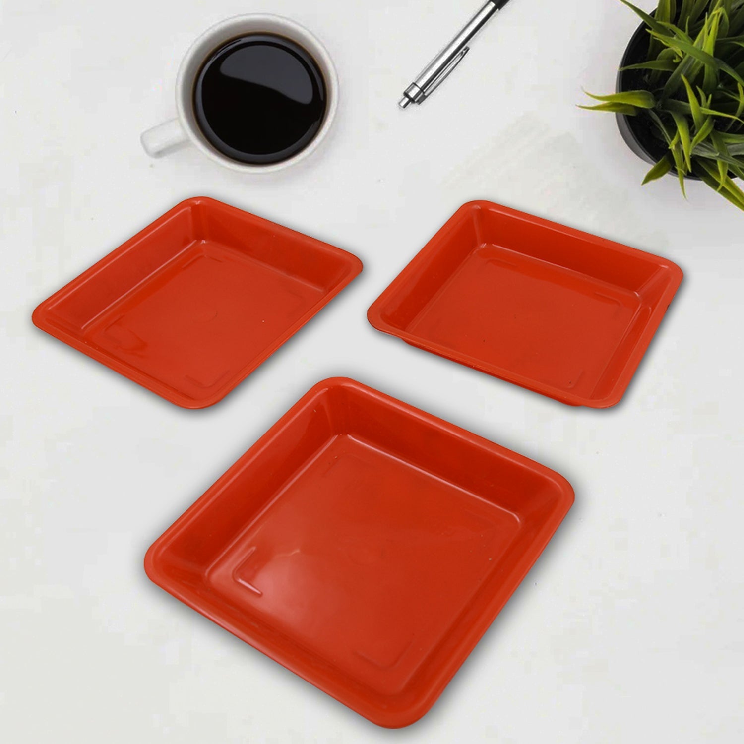 Square Plastic Halwa Dinner Plate Snacks / Breakfast, Restaurant Serving Trays Home School Coffee Hotel Kitchen Office (3 Pcs Set) - Discount Karo