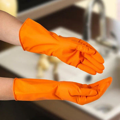 Multipurpose Rubber Reusable Cleaning Gloves, Reusable Rubber Hand Gloves I Latex Safety Gloves I for Washing I Cleaning Kitchen I Gardening I Sanitation I Wet and Dry Use Orange Gloves (1 Pair 40 Gm) - Discount Karo