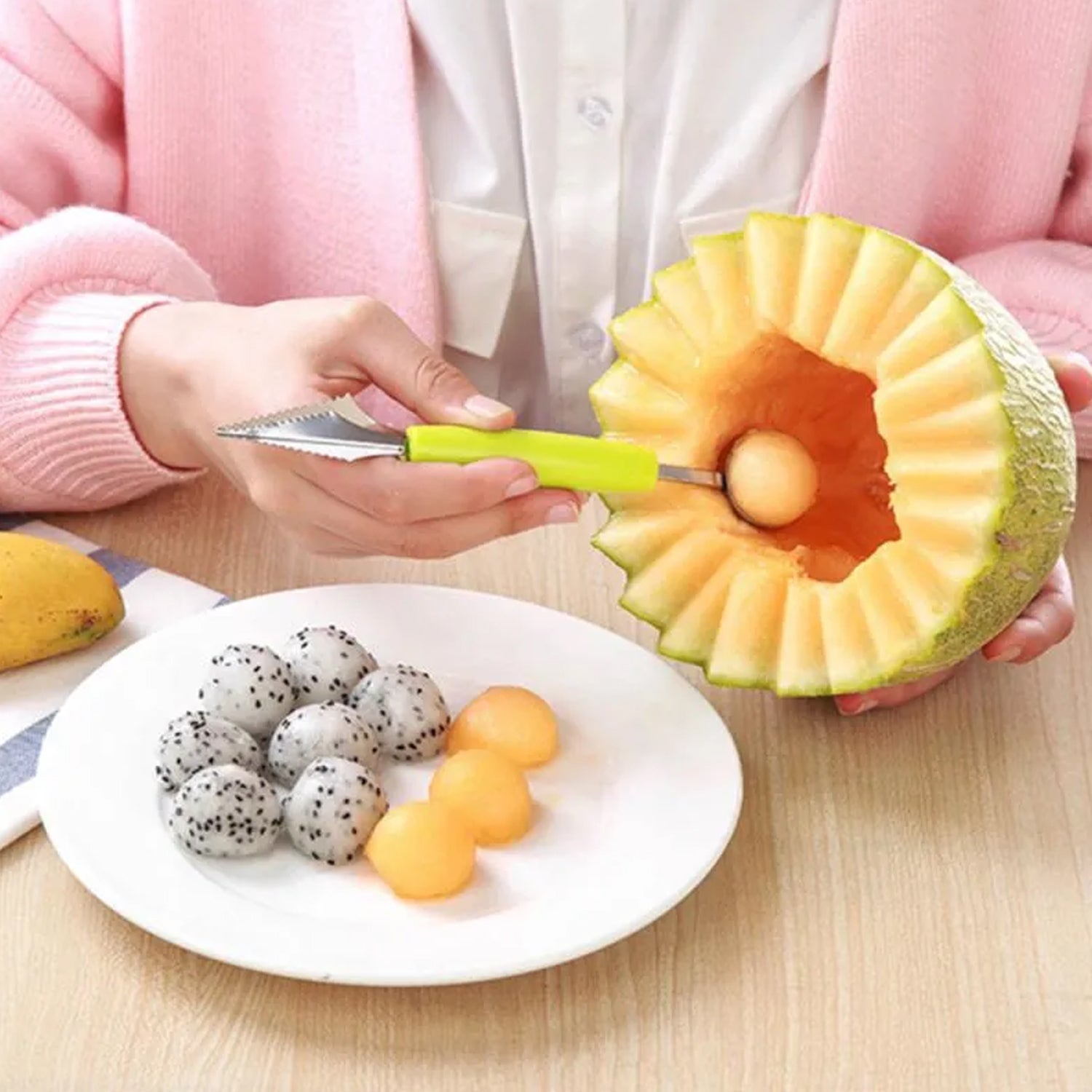 7031 Multifunctional Stainless Steel Fruit, Vegetable Pattern Carving Knife Peeler Corer Spherical Dig Ball Scoop, Garnishing Dig Ball Spoon Kit. 