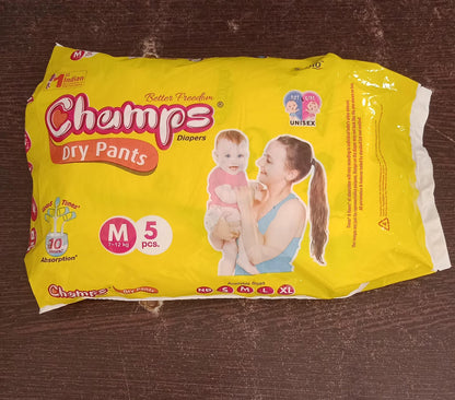 Champs Travel Diapers (Medium, 5 Pcs): Leakproof, Soft & Dry, Baby Diaper Pants - Discount Karo