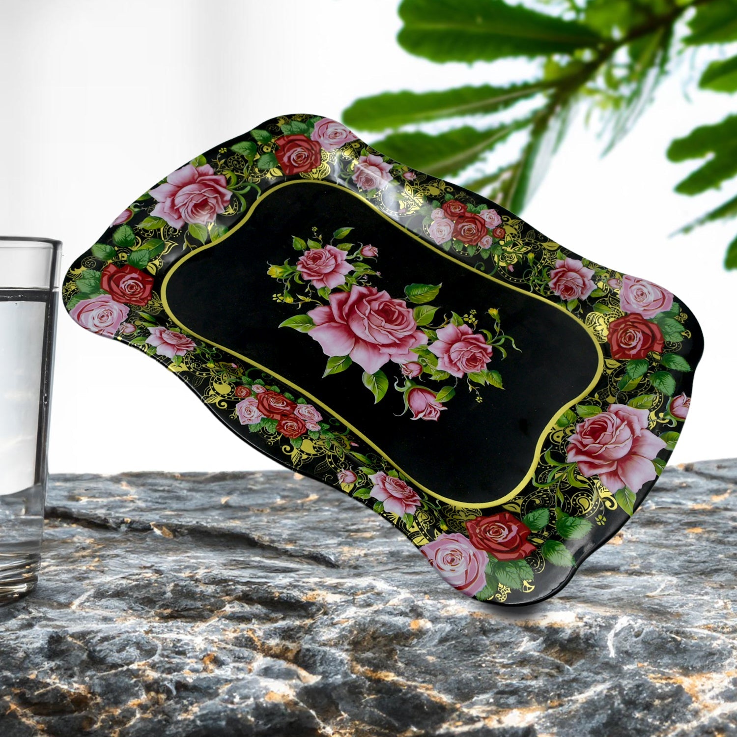 Stainless Steel Serving Tray With Flower Printed Rectangle Premium Dining Table Plate (18 x 8.5 Inch / 1 Pc) - Discount Karo