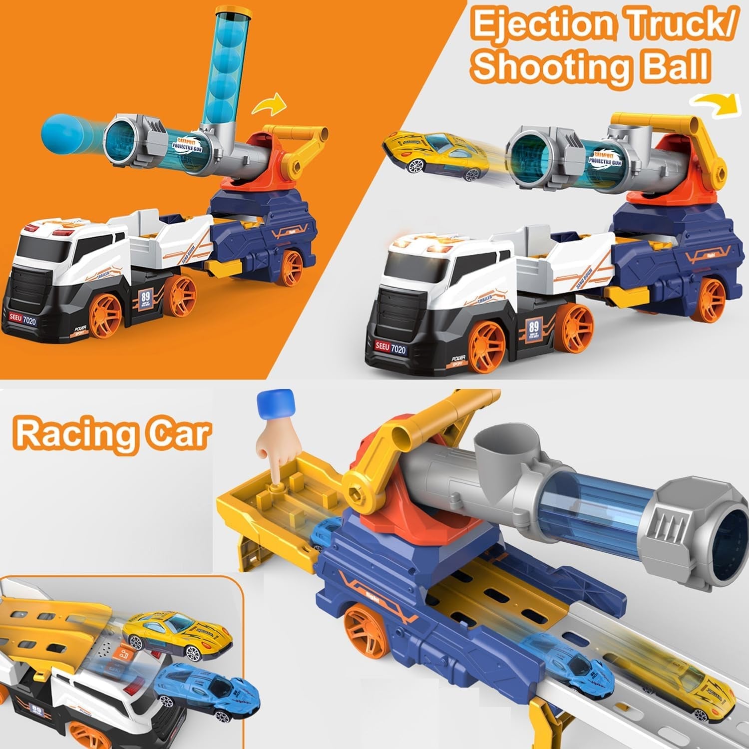 Truck Toys for Kids, Large Truck Toys Include 2 Racing Cars+4 Ball, with Light & Sounds, Eejection & Shooting Transport Cars Toy, Gifts for Boys Girls (Battery Not Included) - Discount Karo