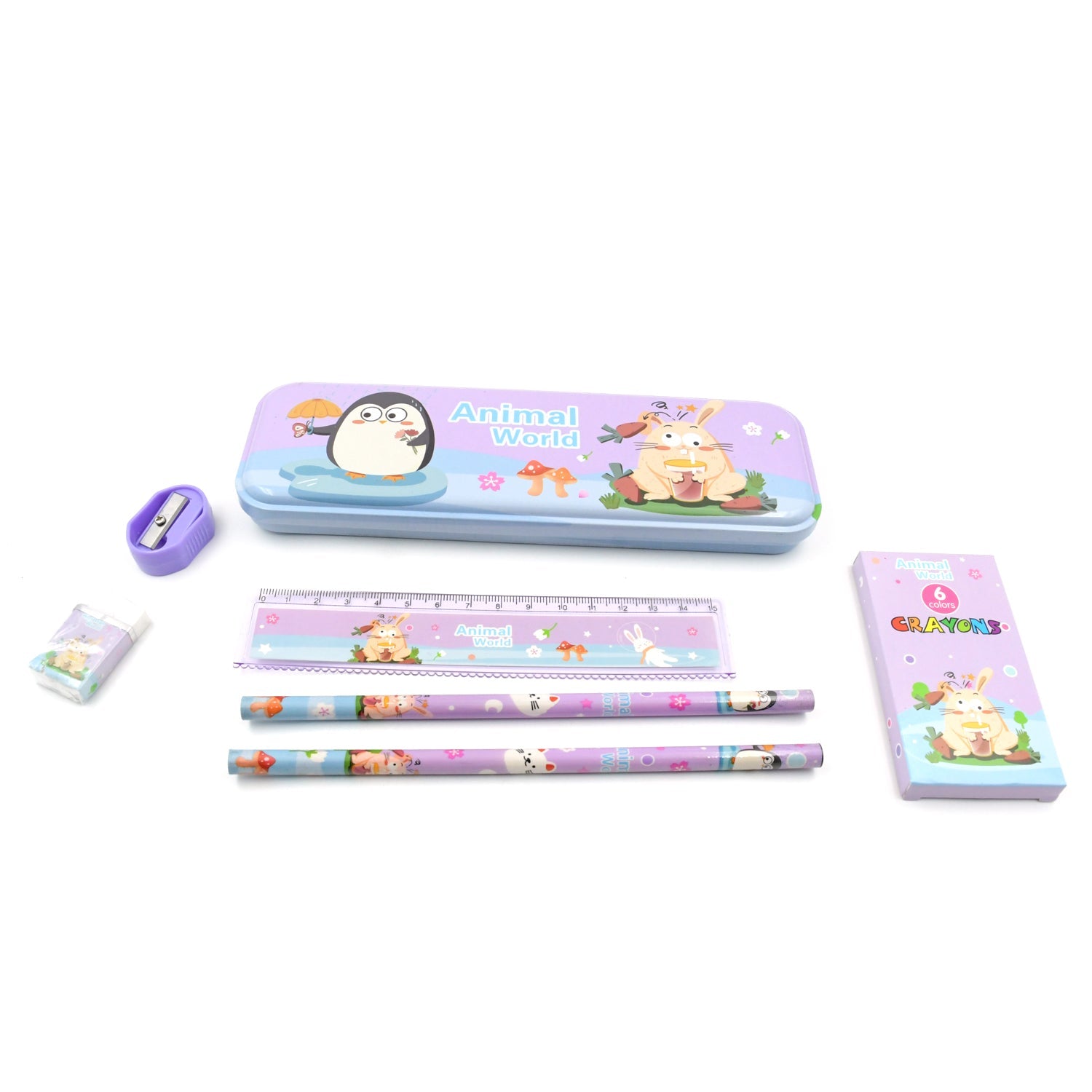 School Supplies Stationery Kit with 1 Pencil Box Case 2 Pencils 6 Crayon Colors 1 Ruler Scale 1 Eraser 1 Sharpener Stationary Kit for Girls Pencil Pen Book Eraser Sharpener Crayons - Stationary Kit Set for Kids Birthday Gift (12 Pc Set) - Discount Karo