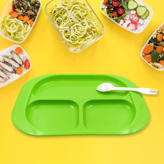 Plastic Food Plates / Biodegradable 3 Compartment Square Plate With Spoon for Food Snacks / Nuts / Desserts Plates for Kids, Reusable Plates for Outdoor, Camping, BPA-free (1 Pc) - Discount Karo