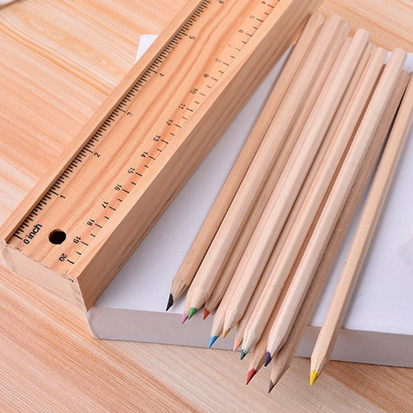 Colorful Wooden Pencil Set with Pencil box, Ruler, Sharpener For for Kids, Artist, Architect (12 Pcs Set) - Discount Karo