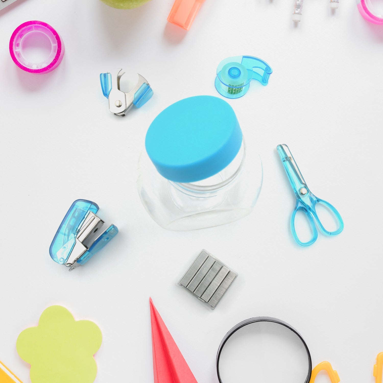 Mini Office Stationery Set -  Stapler, Scissors, Paper Clips, Tape Dispenser, Transparent Tape, And Staples - Discount Karo