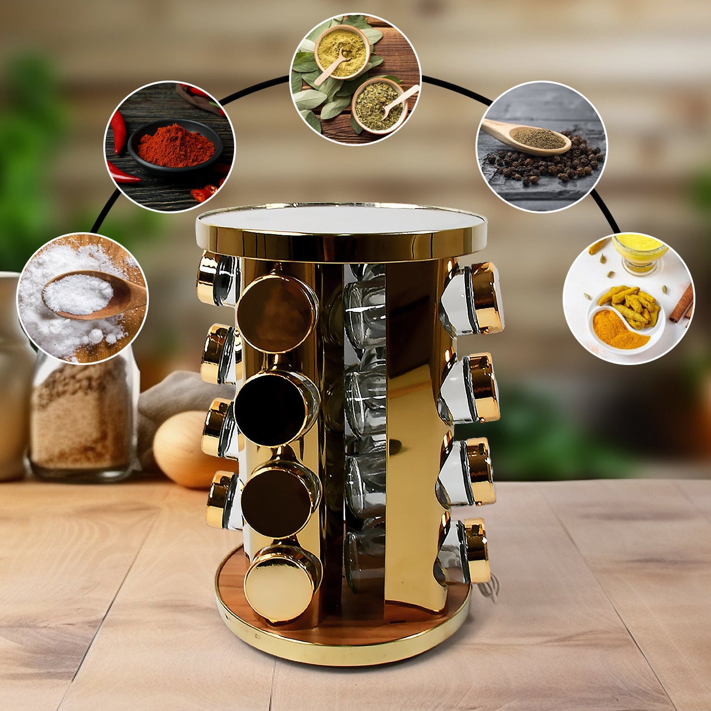 LED Spice Rack Organizer, Rotating Spice Rack with Free 16 Seasoning Jars, Revolving Tower Organizer Stainless Steel for Kitchen Storage (Golden / 16 Pc / MOQ - 6 pc) - Discount Karo