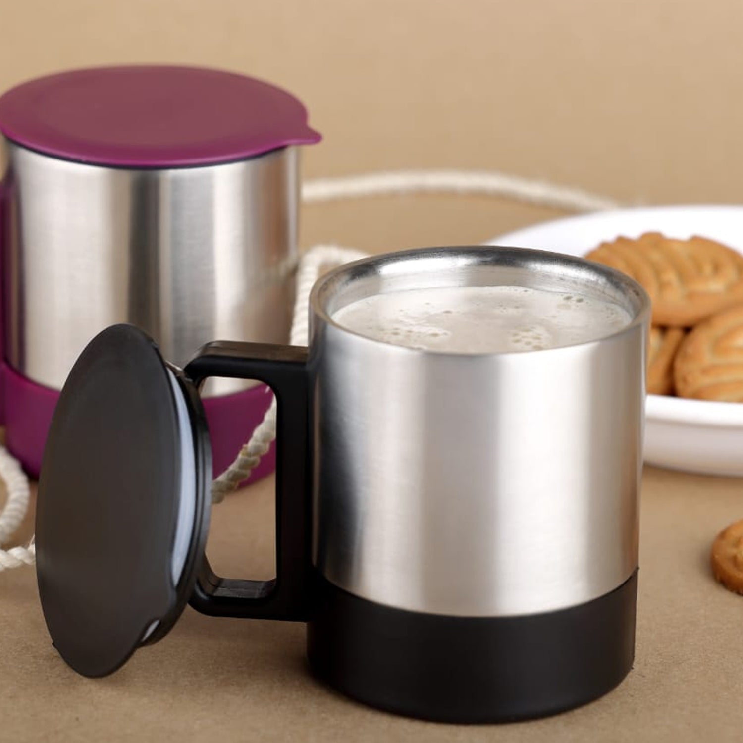 Stainless Steel Coffee/Tea Cup, Stainless Steel Lid Cover Hot Coffee/Tea Mug Hot Insulated Double Wall Stainless Steel, Coffee and Milk Cup with Lid & Handle Easy To Carry - Coffee Cup (1 Pc) - Discount Karo