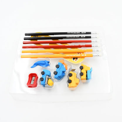 Pencil and Eraser Set, Construction Truck Theme Stationery Kit Includes 6 Pencils, 4 Erasers, 1 Sharpener, 1 Ruler Bookmark, 1 Pencil Cap Stationary For Birthday Gifts for Kids, Birthday Return Gifts (13 Pc set) - Discount Karo