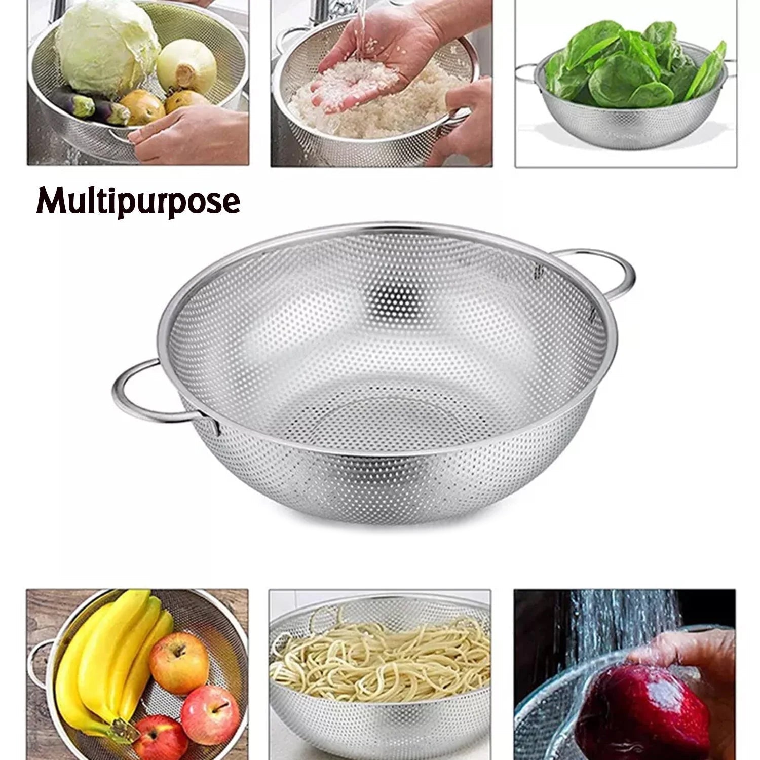 Stainless Steel Colander with Handle, Large Metal Mesh Basket Strainer for Pasta, Spaghetti, Berry, Veggies, Fruits,  Kitchen Food Colander, Dishwasher Safe (1 pc / 25.5 cm) - Discount Karo