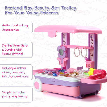 Big Beauty Set Suitcase On Wheel, The Ultimate Beauty Set On Wheels for Girls, Makeup Kit is Easy to Clean & Use, Portable Beauty Set with 25 Pieces for 3 Years BIS Approved. (Beauty Set Trolley) - Discount Karo