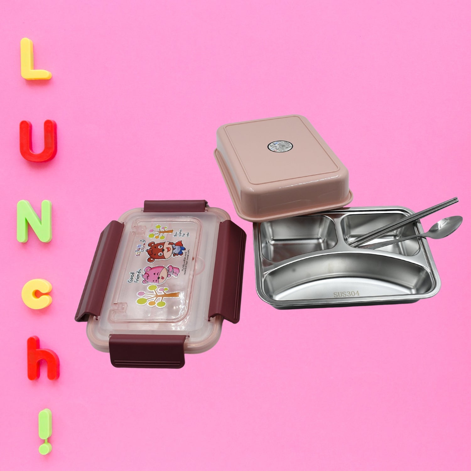 Food‑Safe Materials Kids Lunch Box With steel  Spoon & chopsticks Compartment is Designed Made of 304 Stainless Steel Easy to Clean for School for Camping for Work for Home, Office - Discount Karo