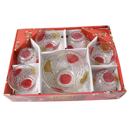 Rose glass Multipurpose Pudding / Dessert / Ice Cream Bowl Set for Home use, Home & Kitchen Serving Bowl for Sundae, Sweets, Snacks, Fruit, Pudding, Nuts or Dip, Serving Bowls 6 Medium & 1 Big Bowl (Set of 7 pc) - Discount Karo