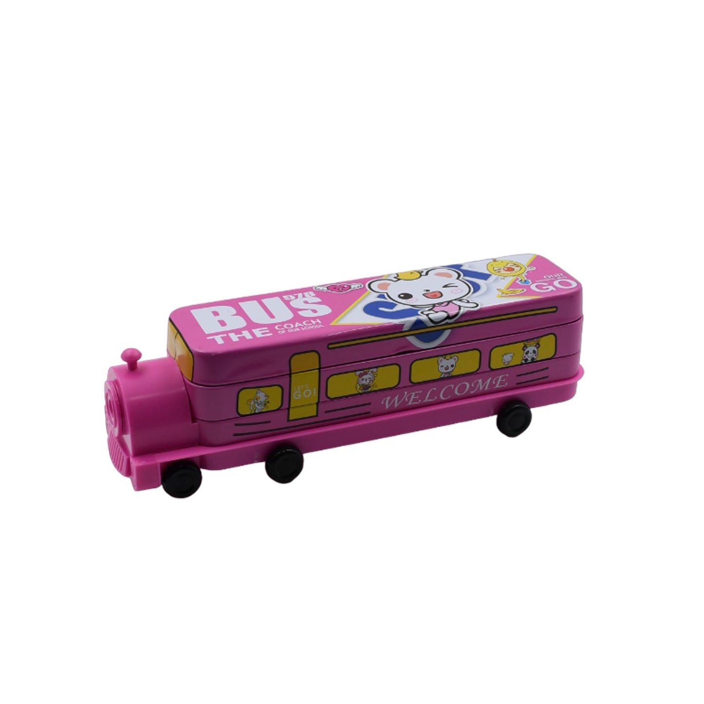 Double Decker Magic Bus Compass 2 Layer Metal Bus Compass Pencil Case with Movable Wheels & Sharpener Bus Shape with Tiers Metal Pencil Box for Kids Birthday Party - Discount Karo