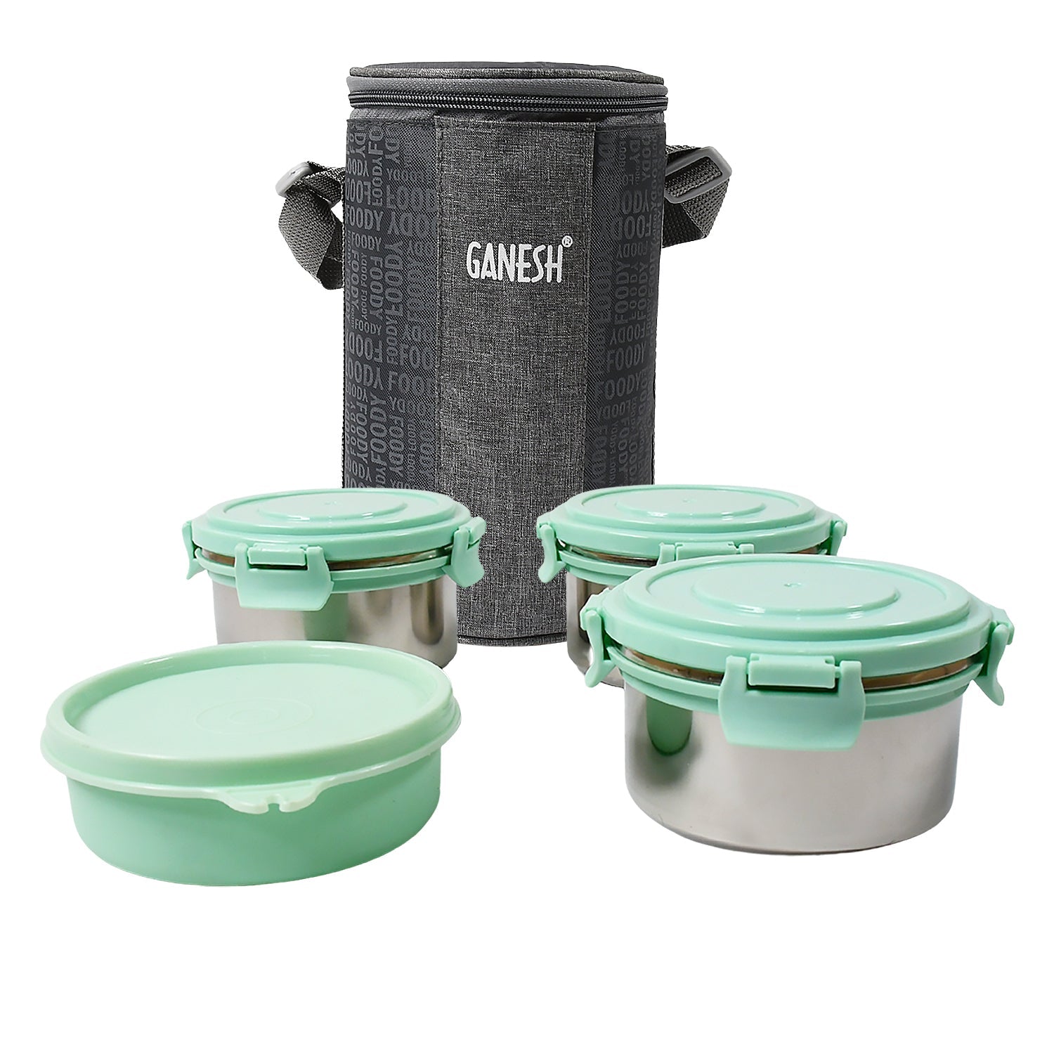 Ganesh 4In1 Tiffin Box-Lunch Box | 3 Stainless Steel Containers 300 Ml Approx & Plastic Salad Container 200 Ml Approx| Plastic lid Box | Round Zip Bag | Leak Proof | Microwave Safe for Office, College and School for Men, Women  - Discount Karo