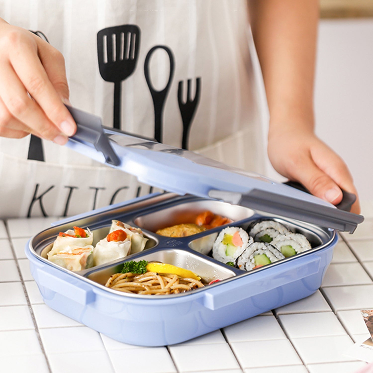 2979 Black Transparent 4 Compartment Lunch Box for Kids and adults, Stainless Steel Lunch Box with 4 Compartments. 