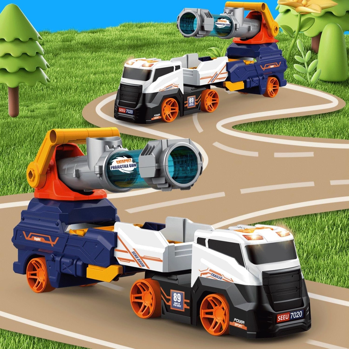 Truck Toys for Kids, Large Truck Toys Include 2 Racing Cars+4 Ball, with Light & Sounds, Eejection & Shooting Transport Cars Toy, Gifts for Boys Girls (Battery Not Included) - Discount Karo