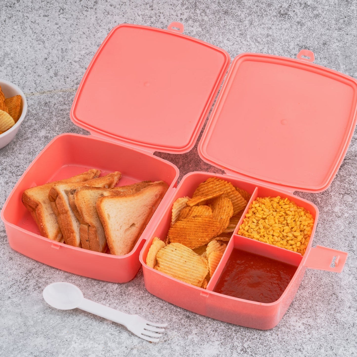 Double-Layer Square Lunch Box with  Spoon , 4 Compartment Tiffin & Push Lock , Plastic Tiffin Box for Travelling, School Kids & Office Exclusive, Home - Discount Karo