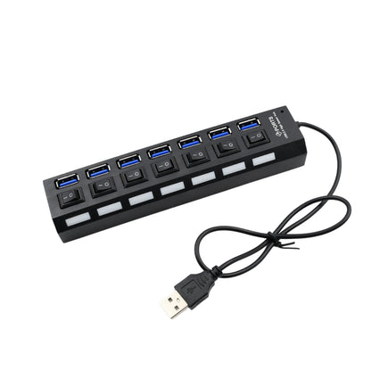 USB Splitter Multi Port USB 2.0 Hub, 7 Port with Independent On/Off Switch and LED Indicators USB A Port Data Hub, Suitable for PC Computer Keyboard Laptop Mobile HDD, Flash Drive Camera Etc