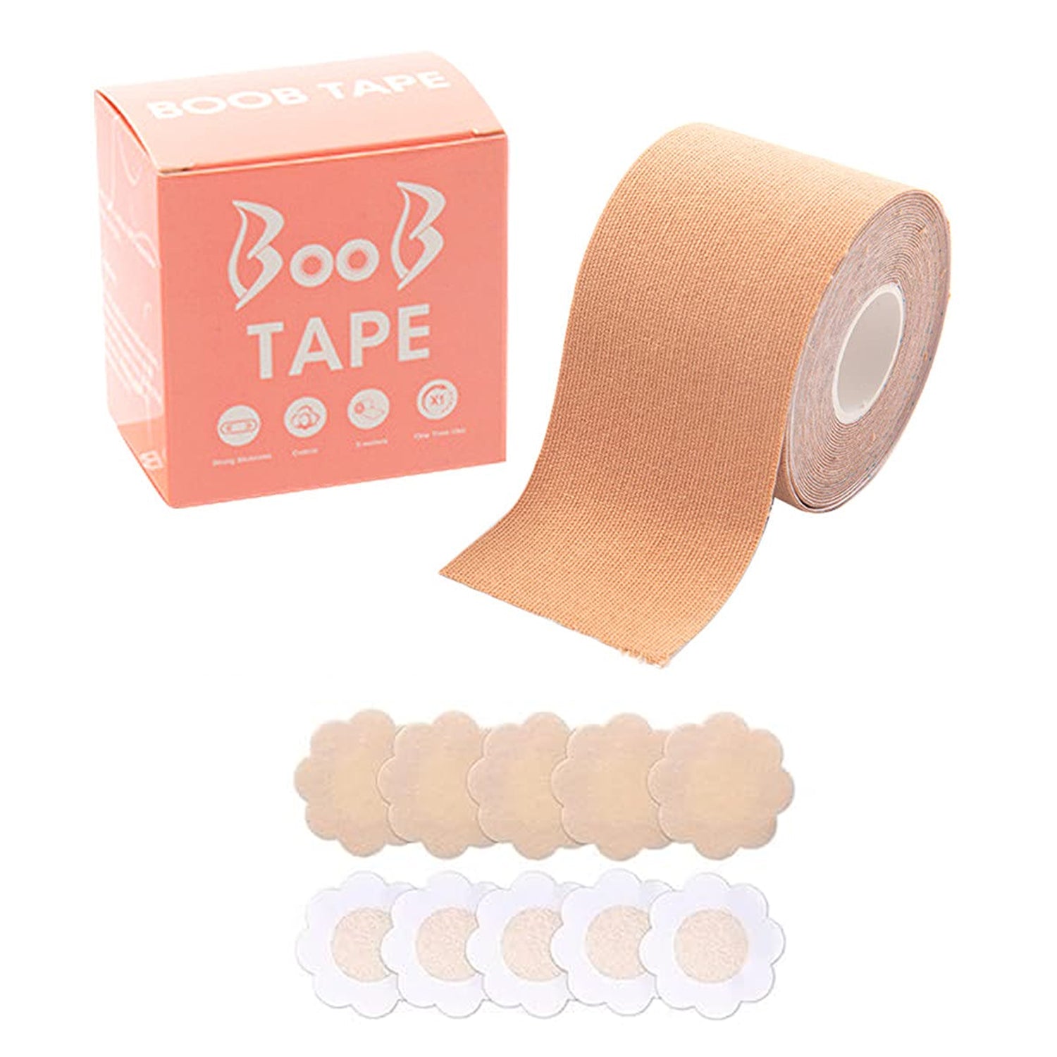 Boob Tape with Nipple Covers: Cotton, Breathable, Lift & Support (5m, 10 Pairs) - Discount Karo