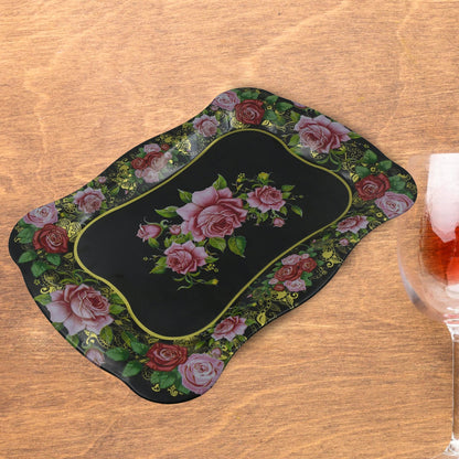 Stainless Steel Serving Tray With Flower Printed Rectangle Premium Dining Table Plate (18 x 8.5 Inch / 1 Pc) - Discount Karo