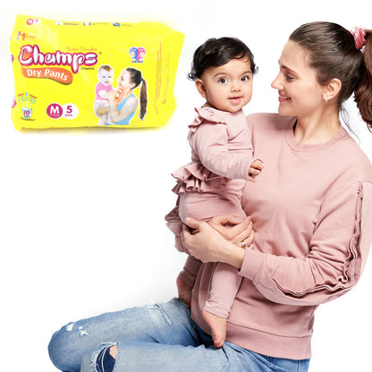 Champs Travel Diapers (Medium, 5 Pcs): Leakproof, Soft & Dry, Baby Diaper Pants - Discount Karo