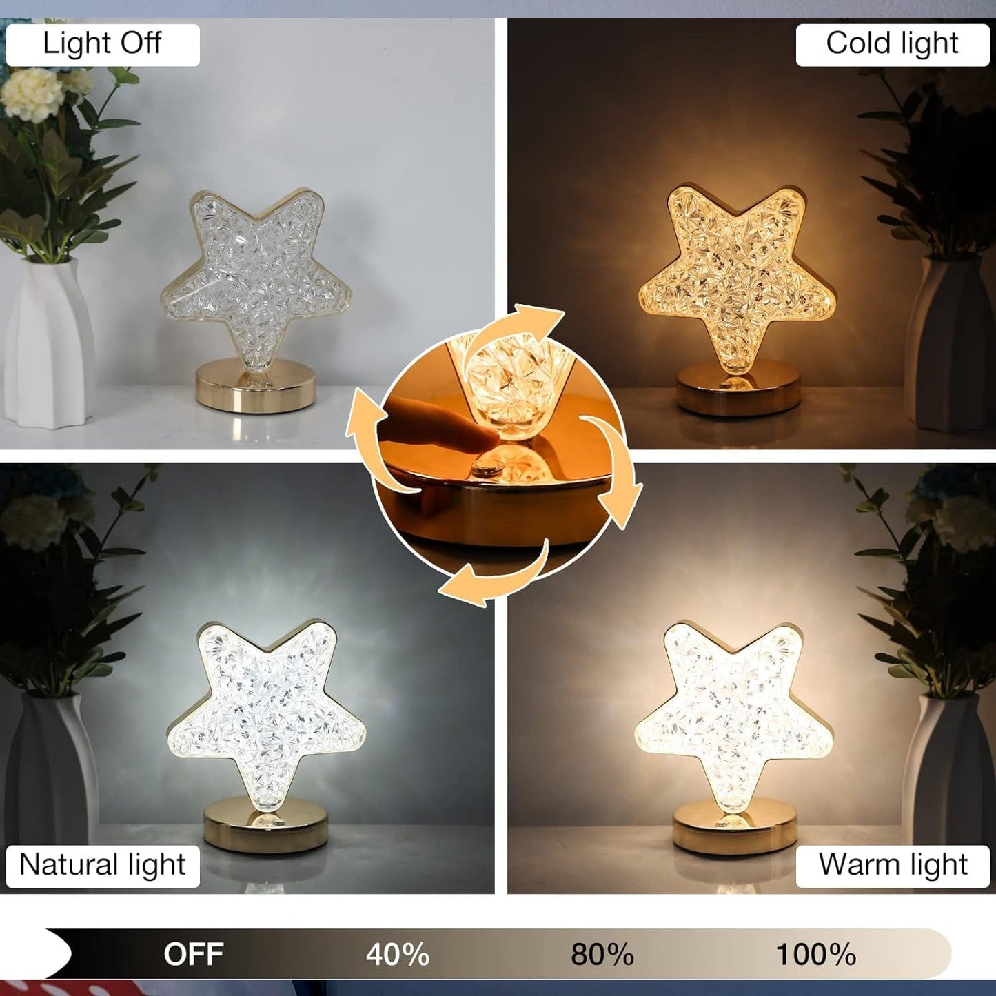 Star Shape Crystal Diamond Lamp Cordless Luxury Lamp with USB Rechargeable, 3-Way Dimmable & Touch Control Decorative Nightstand Lamp for Bedroom, Living Room, Party, Restaurant Decor (1 Pc ) - Discount Karo