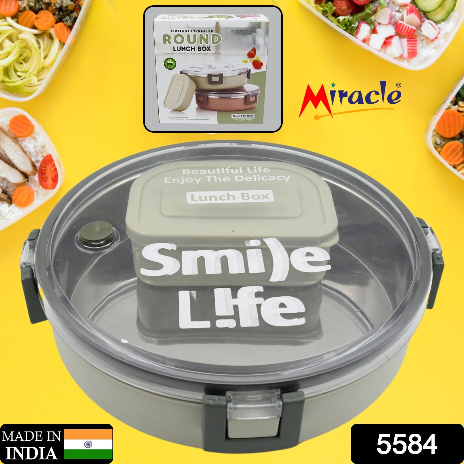 Miracle Stainless Steel Round Lunch Box, with Small Plastic Box Insert Leak Proof Lunch Box with Transparent lid, Lunch Box for Kids & Adults for School, Office (450 ML + 250 ML Approx) - Discount Karo