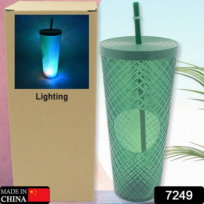 Cup with Straw &  LED Lighting Reusable Matte Studded Tumbler with Leak Proof Lid Water Cup Travel Mug Coffee Ice Water Bottle Double Walled Insulated Tumbler BPA Free (1 Pc) - Discount Karo