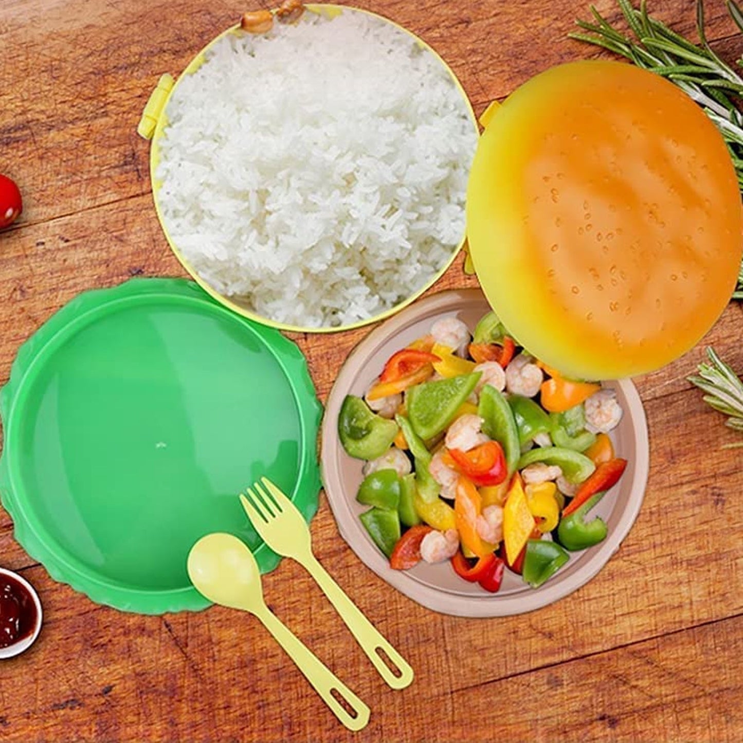 Burger Shape Lunch Box Plastic Lunch Box Food Container Sets Double Layer Lunchbox 1000ml With 2 Spoon Applicable to Kids and Elementary School Students - Discount Karo