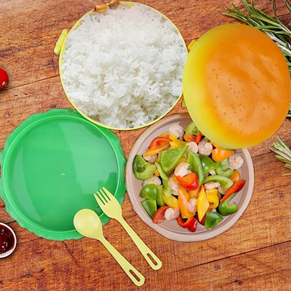 Burger Shape Lunch Box Plastic Lunch Box Food Container Sets Double Layer Lunchbox 1000ml With 2 Spoon Applicable to Kids and Elementary School Students - Discount Karo