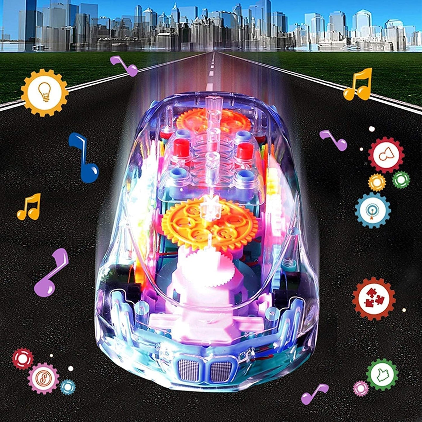 Automatic 360 Degree Rotating Transparent Gear Concept Car with Musical and 3D Flashing Lights Toy for Kids Boys & Girls (Multicolor / Battery Not Included) - Discount Karo