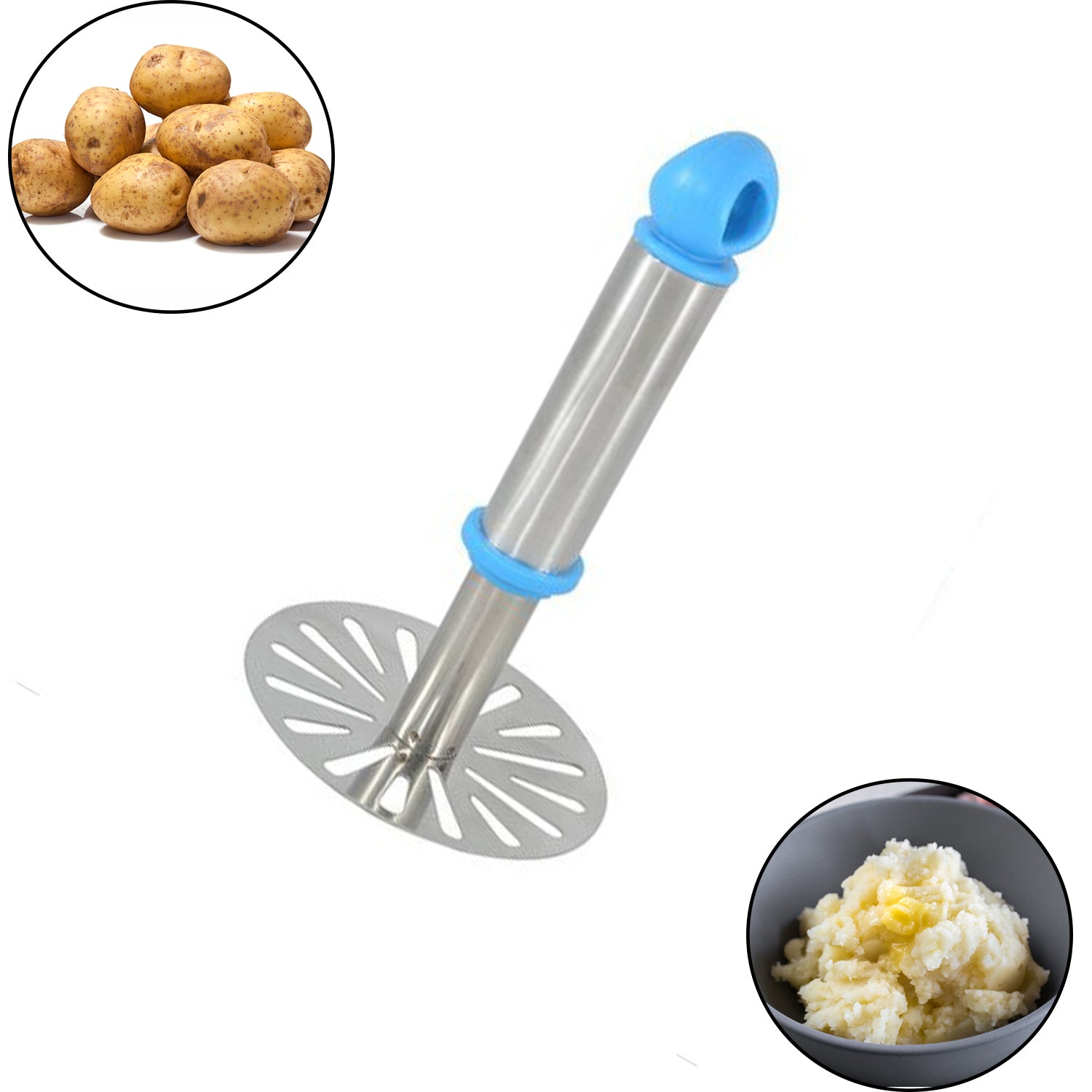 8123 Ganesh Potato/Pav Bhaji Masher with Plastic Handle, Silver & Plastic - Oval Pav Masher, Potato 1-Piece, Smasher Handle, Multicolor 