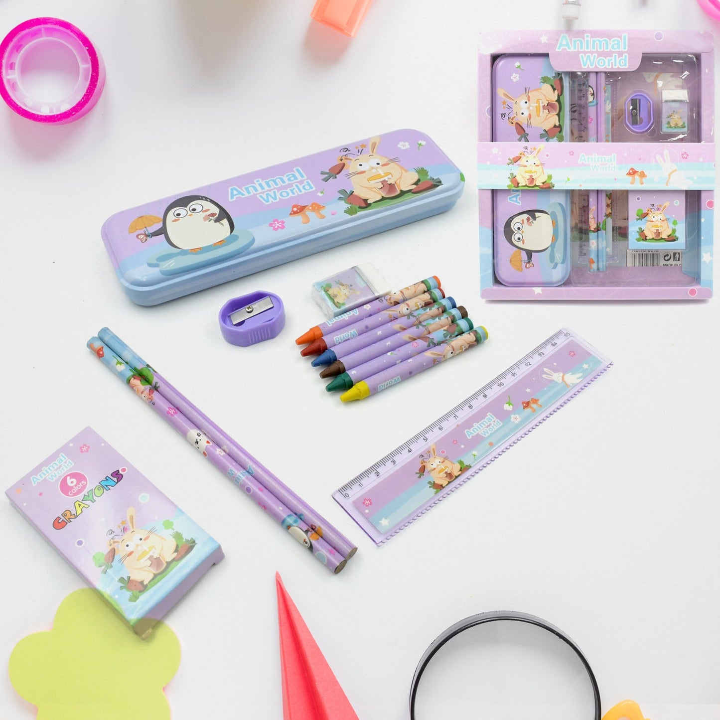 School Supplies Stationery Kit with 1 Pencil Box Case 2 Pencils 6 Crayon Colors 1 Ruler Scale 1 Eraser 1 Sharpener Stationary Kit for Girls Pencil Pen Book Eraser Sharpener Crayons - Stationary Kit Set for Kids Birthday Gift (12 Pc Set) - Discount Karo