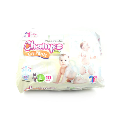 Champs Travel Diapers (Large, 10 Pcs): Leakproof, Soft & Dry, Baby Diaper Pants - Discount Karo