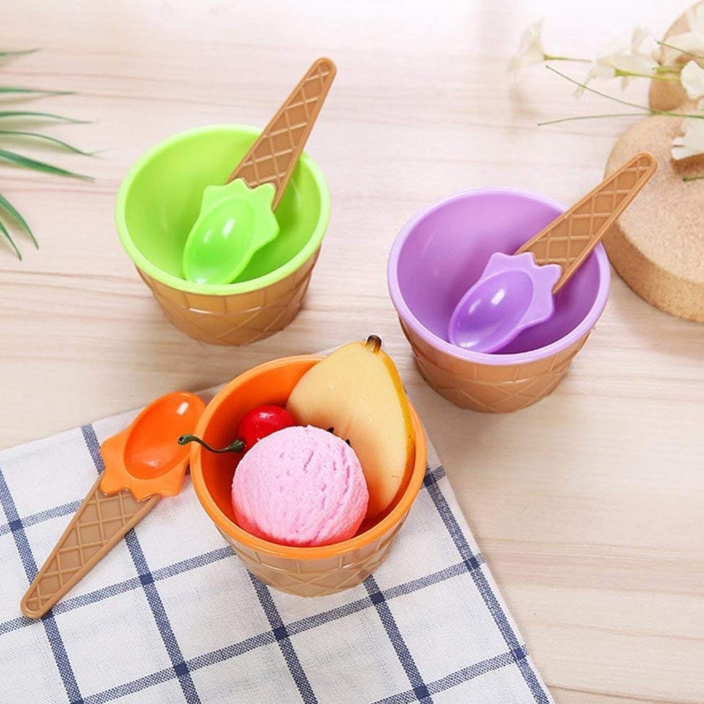 Ice-Cream Waffle Spoon Bowel Cup Set | Premium ice Cream Set | Ice-Cream Bowel with Spoon | 6 units Couple Bowl Set | Color Box - Discount Karo