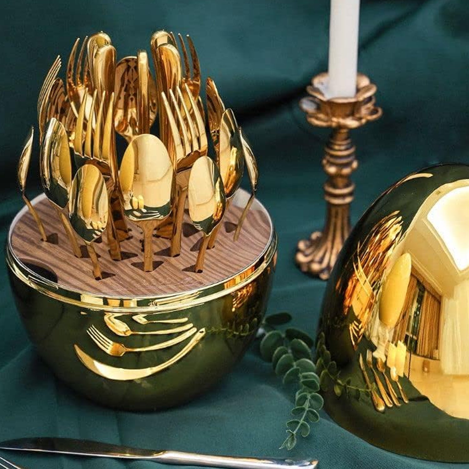 Premium Cutlery Set 24 Pcs with Oval Shaped Stand | Beautiful Stylish Oval Designed Cutlery Sets, Egg-Shaped Luxury Spoon Holder Set  (Golden / 24 pcs set) - Discount Karo