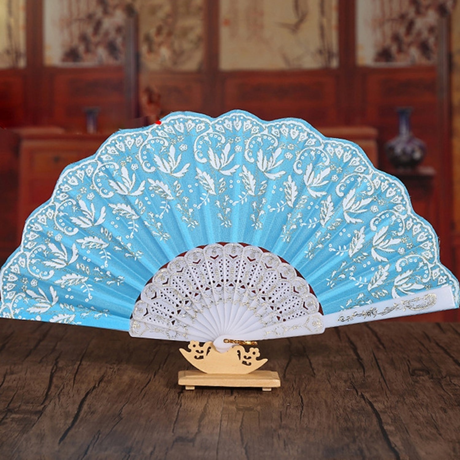 4930 Hand Folding Fan, Chinese Vintage Style Handheld Fan with Fabric Sleeve 