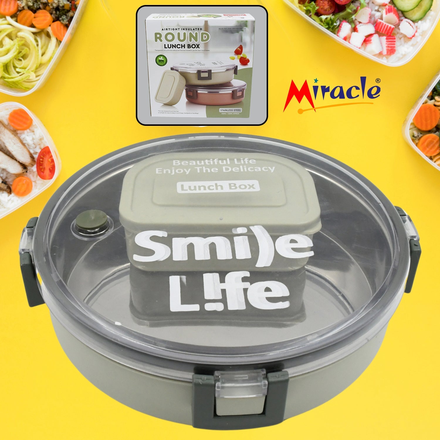 Miracle Stainless Steel Round Lunch Box, with Small Plastic Box Insert Leak Proof Lunch Box with Transparent lid, Lunch Box for Kids & Adults for School, Office (450 ML + 250 ML Approx) - Discount Karo