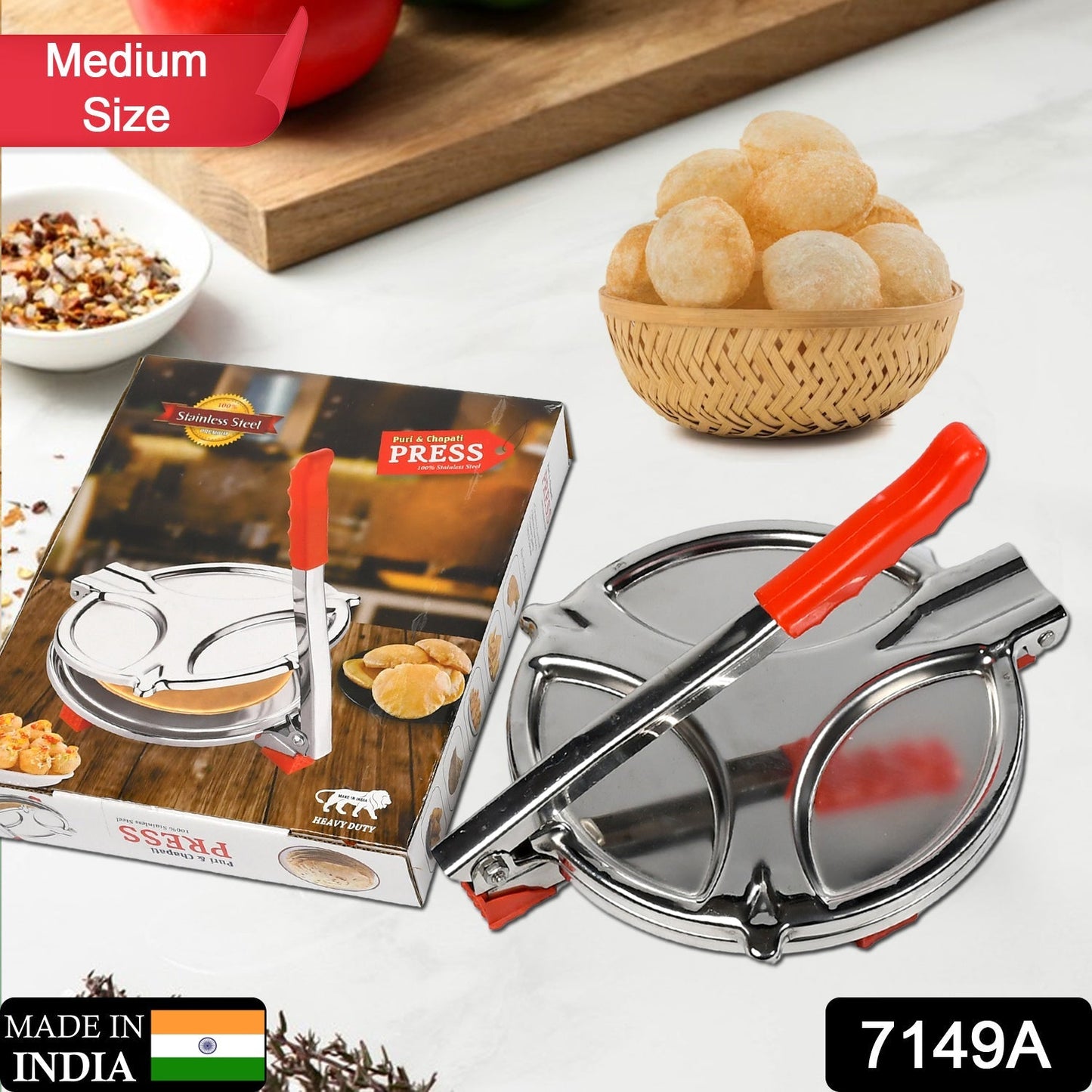 PURI PRESS MAKER - STAINLESS STEEL PURI MAKER PRESS MACHINE - ROTI CHAPATI PRESSER FOR HOME - PAPAD-KHAKHRA- PURI MAKER PRESS MACHINE WITH HANDLE, MANUAL PURI MAKER (MEDIUM) - Discount Karo