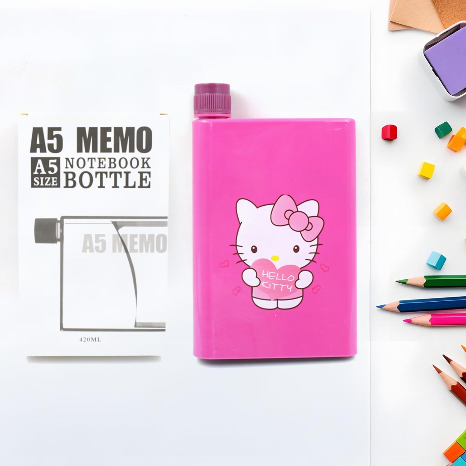 Kitchen Storage A5 size Flat Portable NoteBook Shape Water Bottle With a Cartoon Character Design-Hello Kitty - For School Outdoors and Sports Return Gift/Birthday Gift (1 Pc 420ML) - Discount Karo