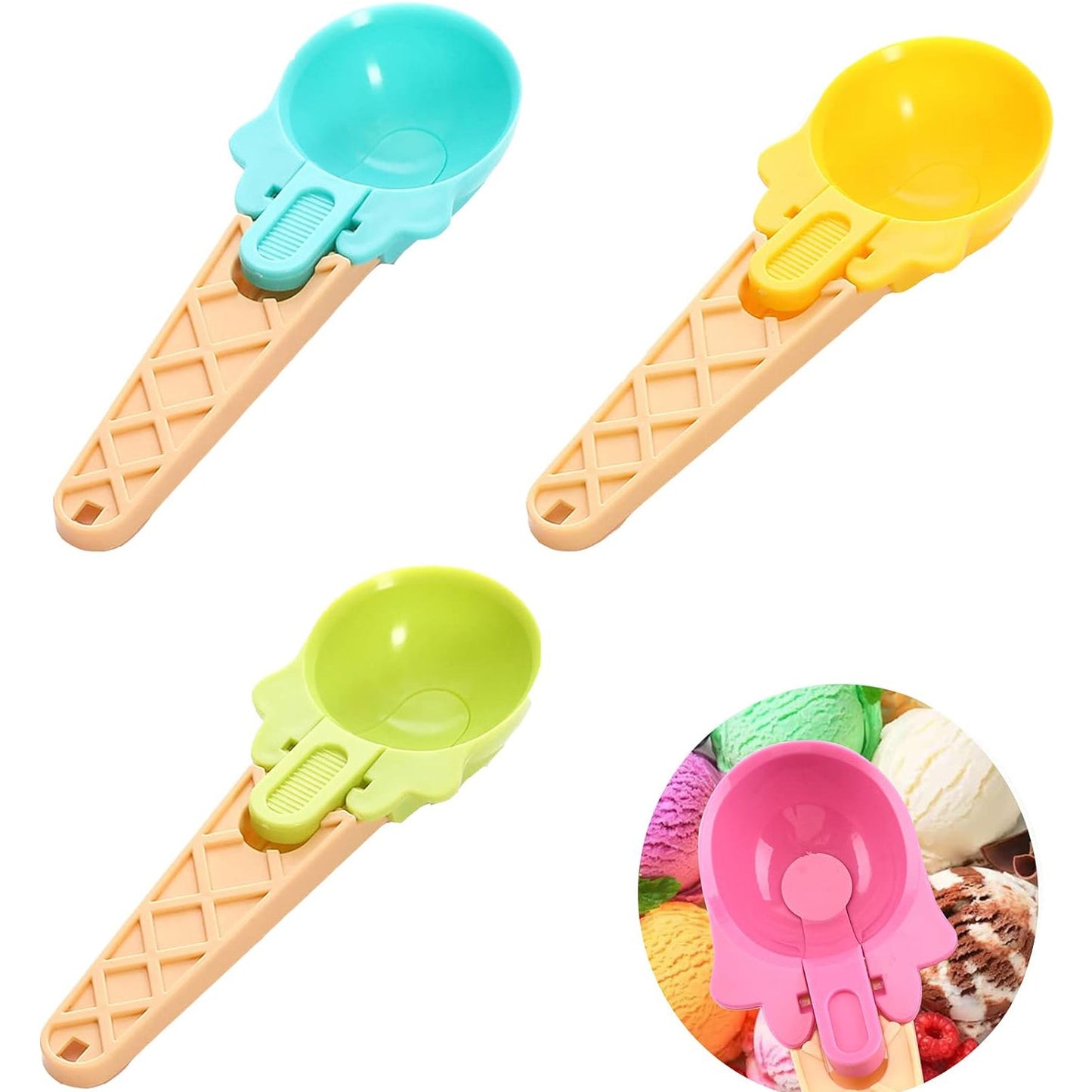 Ice Cream Spoons 2pcs Plastic Water Melon Scoopers with Trigger Dipper and Adults for Summer Party Ice Cream Scoop, Food Serving Spoon Kitchen Tools Ice Cream Digging Spoon Household Spoons Cupcake Spoons Aps Fruit Ball Player (2 Pc) - Discount Karo