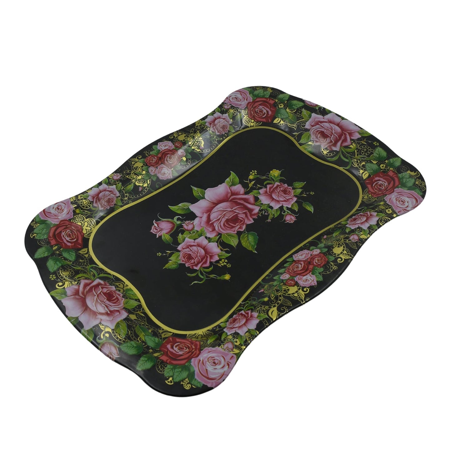 Stainless Steel Serving Tray With Flower Printed Rectangle Premium Dining Table Plate (18 x 8.5 Inch / 1 Pc) - Discount Karo