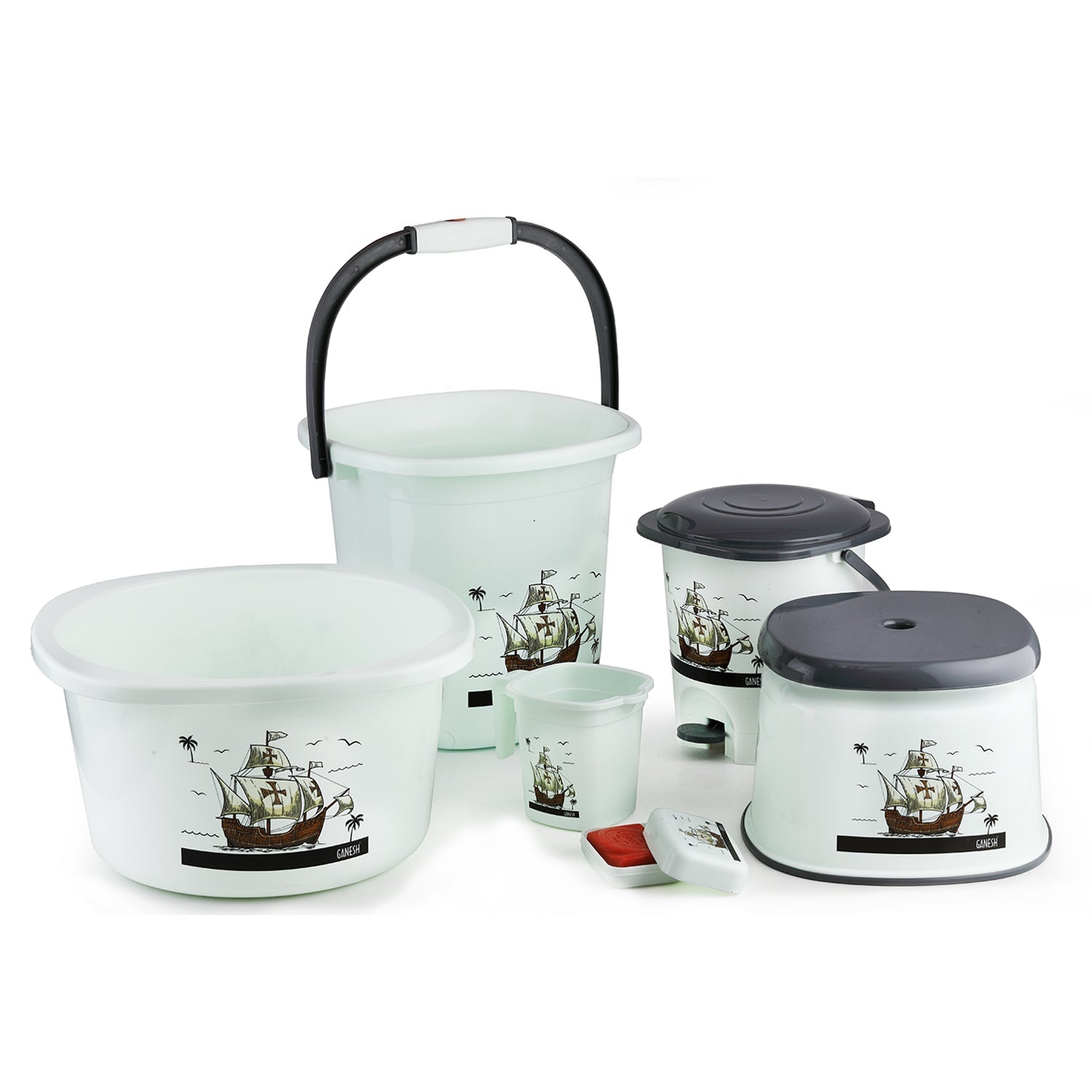 8701 Plastic Bathroom Accessories Set 6 pcs Bath Set Bathroom Bucket with Dustbin Mug, Stool, Soap Case,Tub 