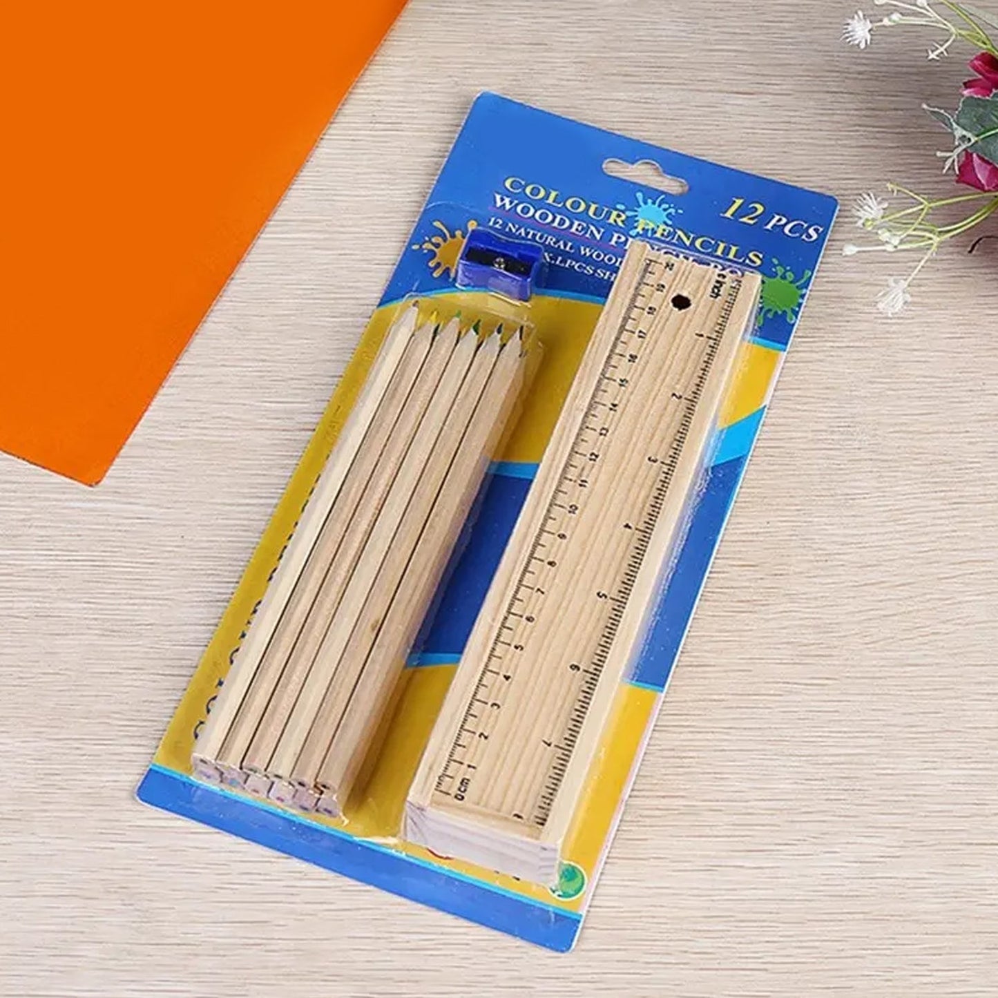 Colorful Wooden Pencil Set with Pencil box, Ruler, Sharpener For for Kids, Artist, Architect (12 Pcs Set) - Discount Karo