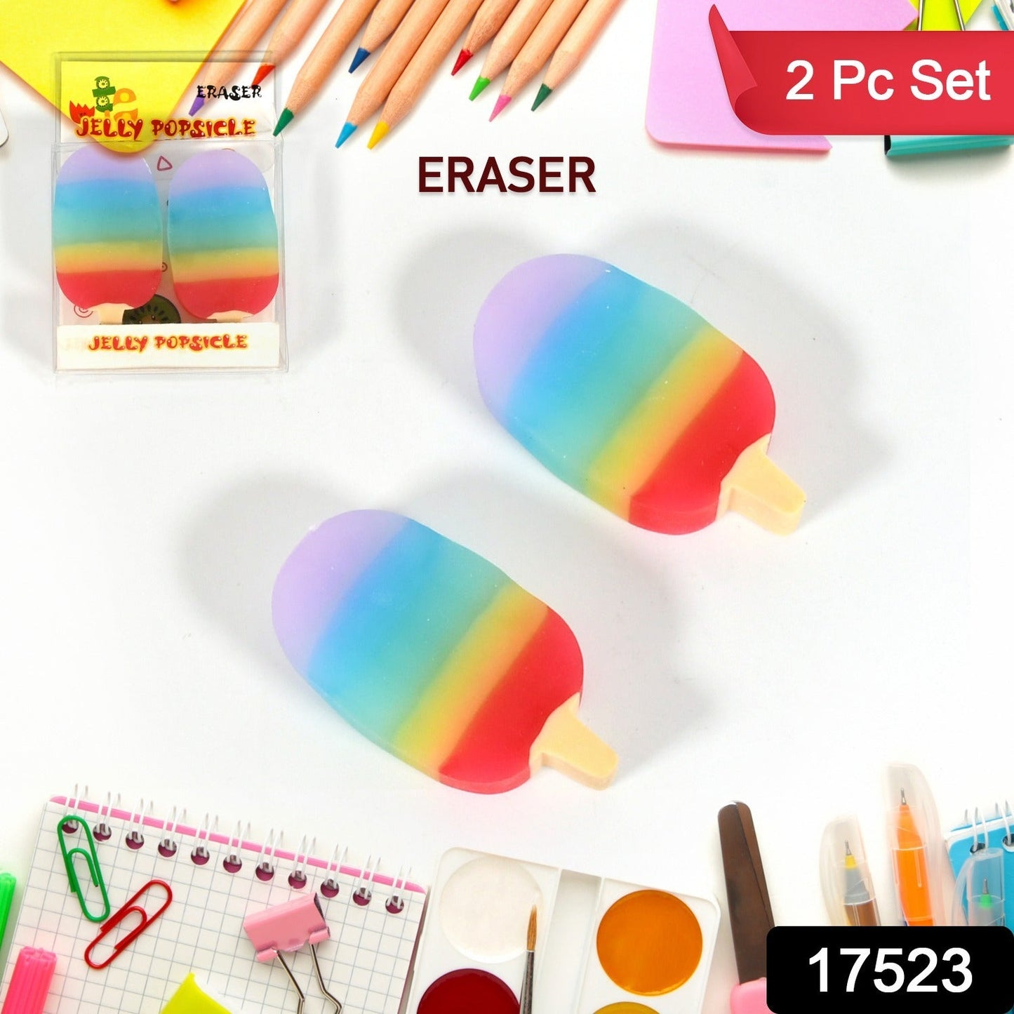 Jelly Popsicle Shape Fancy &amp; Stylish Erasers, Mini Eraser Creative Cute Novelty Eraser for Children Eraser Set for Return Gift, Birthday Party, School Prize (2 Pc Set| Mix Design) - Discount Karo