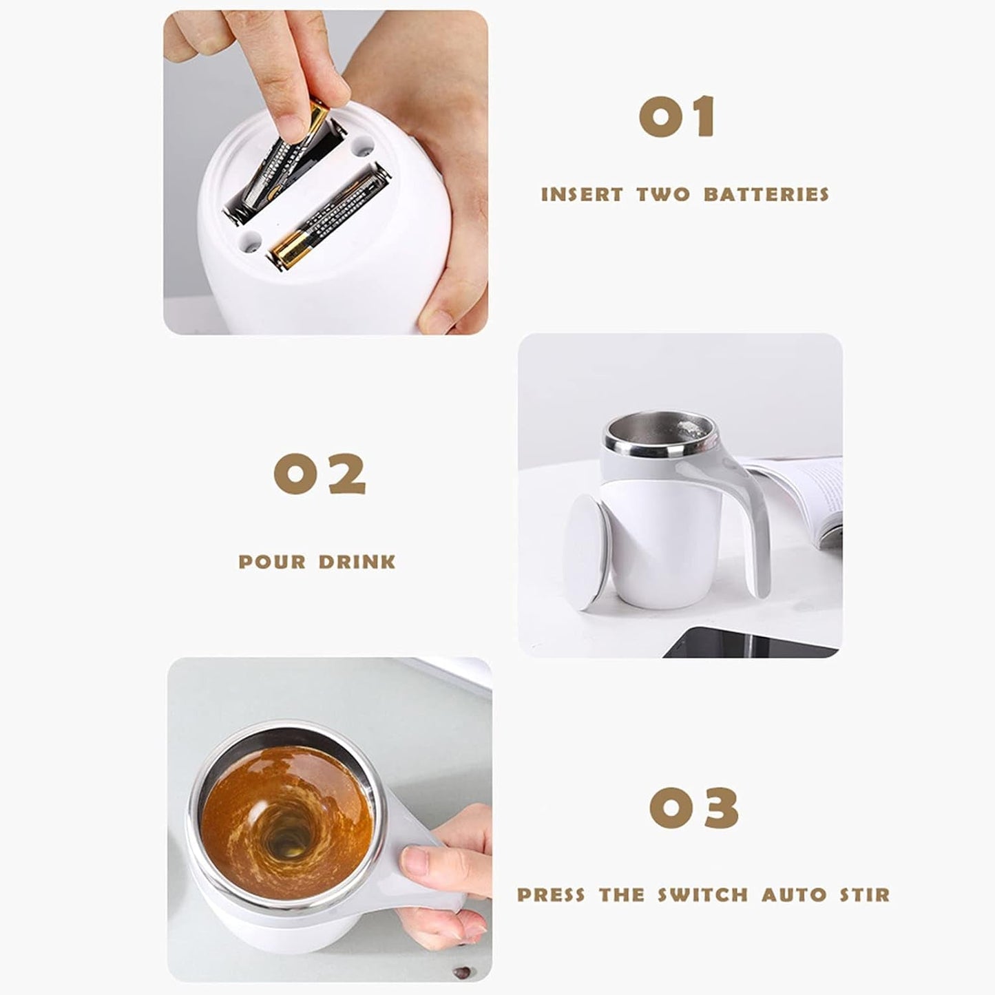 Stirring Coffee Mug | Magnetic Stirring Coffee Cup | Stainless Steel Mug for Milk | Travel Mixing Cup | Self Stirring Coffee Mug, Suitable for Coffee / Milk / Hot Chocolat | Battery Operated ( Battery Not Included) - Discount Karo