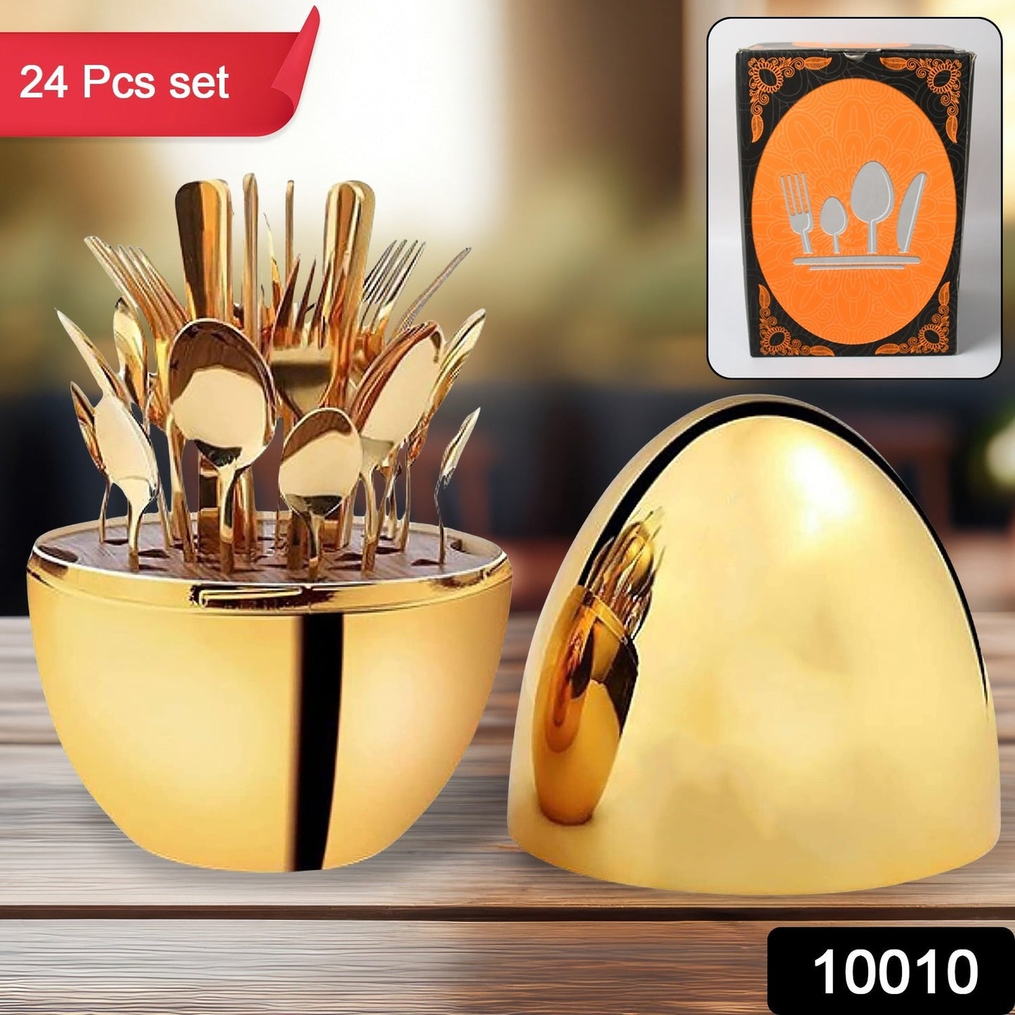 Premium Cutlery Set 24 Pcs with Oval Shaped Stand | Beautiful Stylish Oval Designed Cutlery Sets, Egg-Shaped Luxury Spoon Holder Set  (Golden / 24 pcs set) - Discount Karo